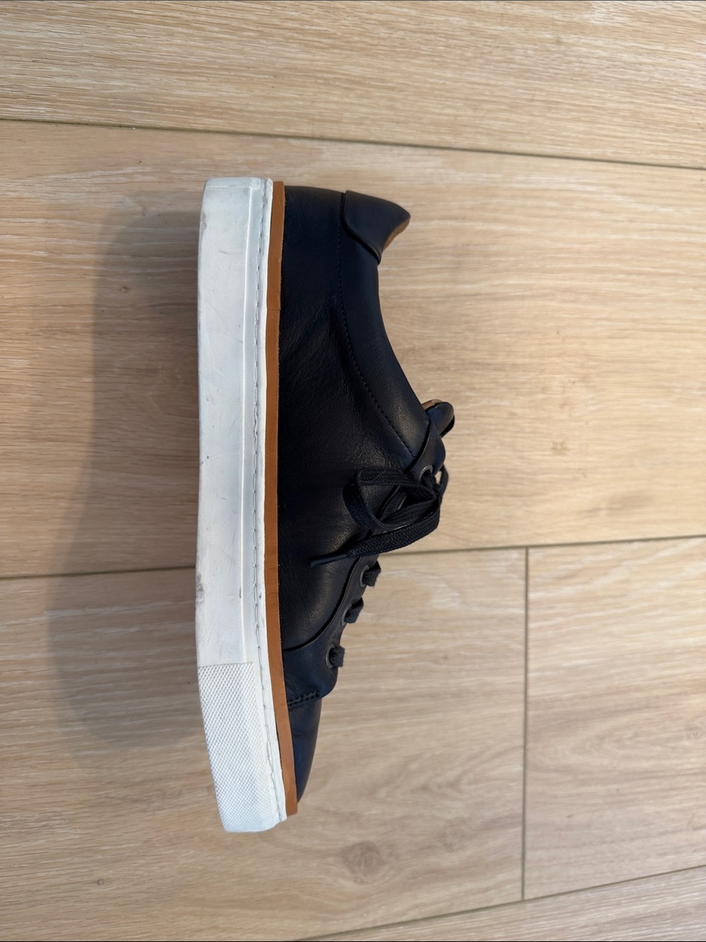 Allen Edmonds Black Leather Sneakers with White Sole and Tan Trim - Picture 4 of 7